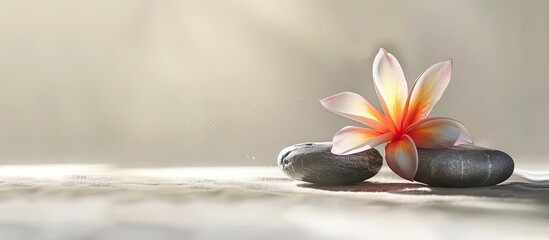 Leinwandbilder - A tropical flower placed on two stones for a massage treatment set against a white background with sunlight creating a peaceful ambiance for the copy space image