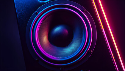 One sound speaker in neon light on black background, closeup