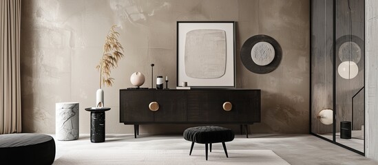 Poster - Stylish living room with a retro cabinet black pouf marble pedestals elegant accessories and an abstract background wall Mockup photo frame adds to the minimalistic home decor with copy space image
