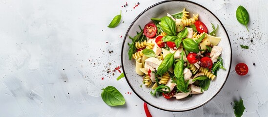 Aufkleber - Healthy chicken salad served with pasta and vegetables beautifully displayed for a top down view with copy space image