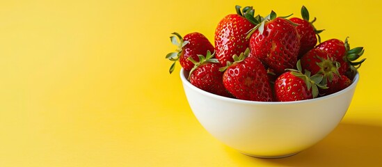 Fototapete - Red strawberries placed in a porcelain bowl with a vibrant yellow background for a copy space image showcasing their juicy and appealing nature