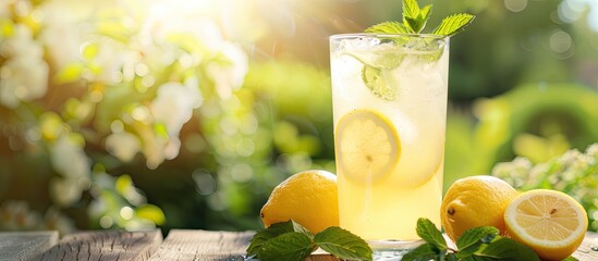 Poster - A refreshing glass of homemade lemonade garnished with lemon slices and fresh mint leaves sits on an outdoor table in a sunny garden setting providing ample copy space in the image
