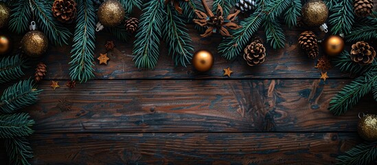 Poster - Blank for design there are toys fir branches cones and garlands on a wooden backdrop in the copy space image