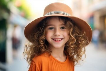 Sticker - Portrait of a beautiful little girl with curly hair in a hat