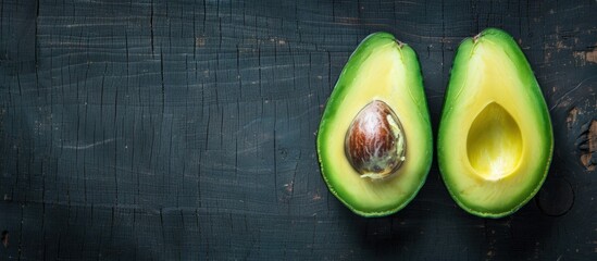 Poster - A vibrant ripe avocado cut in half displayed on a dark wooden surface from a top view with space for text or images. with copy space image. Place for adding text or design
