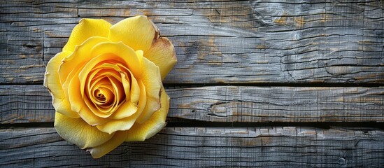 Aufkleber - A luxurious yellow rose with delicate petals on a rustic wooden background viewed from the top creating ample space for additional images