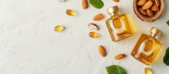 Poster - almond oil bottles and almonds on a white backdrop with copy space image available