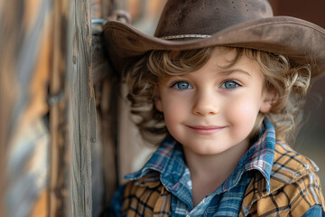 Poster - AI generated image of small cute child working on field or farm