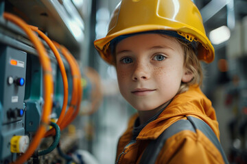 Canvas Print - AI generated image of small cute child professional electrician costume