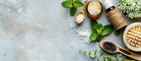 Poster - Wide banner featuring natural cosmetics backdrop with a massage brush sea salt herbs and an essential oil bottle perfect for adding text or images. with copy space image