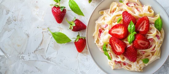 Fototapete - High quality photo of pasta with strawberry cream fresh strawberries and basil with copy space image included
