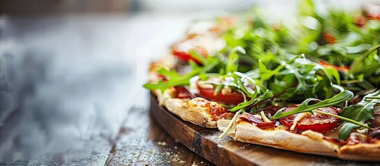 Poster - Fresh Mediterranean greens and local cheeses top a handcrafted pizza creating a tantalizing image with copy space