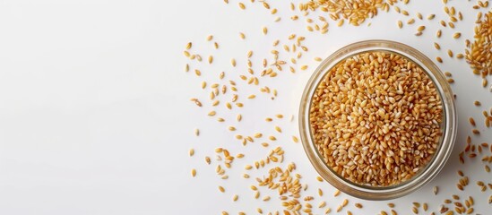 Poster - Plastic container holding raw bulgur grain a nutritious whole wheat cereal displayed over white backdrop with ample copy space image for customizing