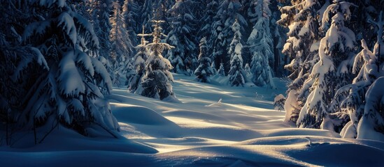 Poster - In the dim light snowy spruce trees with copy space image for New Year s glisten surrounded by soft white snowdrifts resembling beds