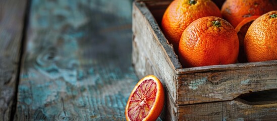 Poster - Blood orange citrus beautifully presented in a rustic wooden box on a vintage background with a toned and stylish image portraying healthy food Ample copy space available for text appealing to vegetar