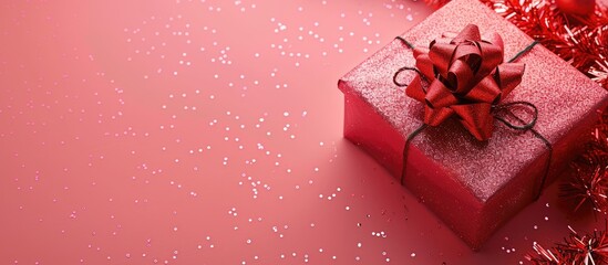 Aufkleber - View from above of a red gift box with sequins tinsel and a red bow on a pink background ideal for a holiday with copy space image
