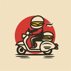 A cartoon of a man riding a scooter with two hamburgers on the back