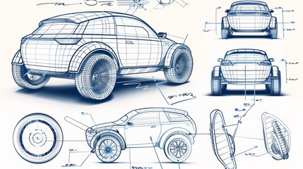 Innovative Hand-Drawn Blueprint of a Futuristic Electric Vehicle Concept