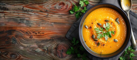 Aufkleber - Top view of vegan pumpkin soup in a bowl garnished with parsley and pumpkin seeds fitting for Thanksgiving or Halloween with copy space image