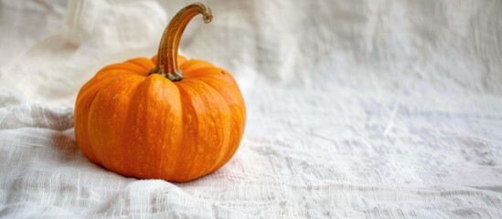 Poster - Cozy fall ambiance featuring a pumpkin on a white tablecloth creating an autumn themed copy space image