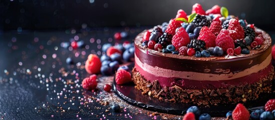 Aufkleber - Colorful and visually striking cakes including a decadent chocolate cake creating a stunning display in a photo with appealing copy space image