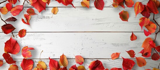 Fototapete - Beautiful rustic autumn background or web banner featuring a top view of a border made of red and yellow autumn leaves on a white wooden surface providing copy space for text