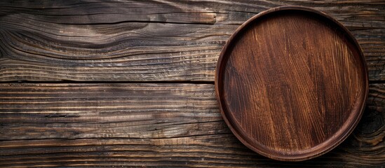 Leinwandbilder - Top view of a round wooden plate or tray set against a rustic wooden backdrop with sufficient vacant space for text or images forming a copy space image
