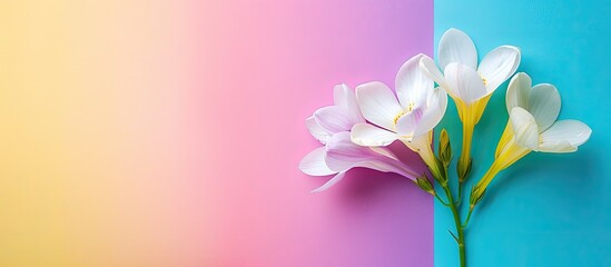 Aufkleber - Top view of white freesia flower with copy space image on colorful background