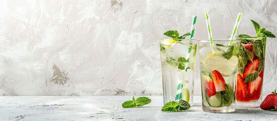 Aufkleber - Glass tumblers with eco friendly straws on a grey concrete table and a white wall in the background provide a wide composition with copy space image