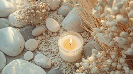 Aesthetic home ambiance with vanilla candle stones and dry flowers for relaxation and wellness