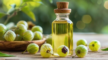 Amla Oil and Indian Gooseberry Fruit on Wooden Background