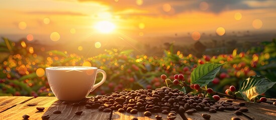 Fototapete - Coffee cup and beans on wooden floor under yellow evening sky with sun as backdrop Copy space image for a natural scene