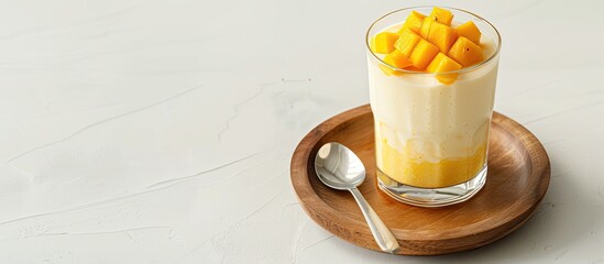 Aufkleber - A glass cup with fresh mango smoothie and white yogurt topped with a stainless steel teaspoon sits on a wooden plate against a white backdrop with space for text or images. with copy space image