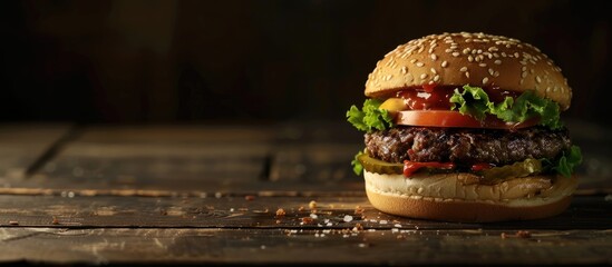 Poster - A freshly made burger is presented on a wooden surface with a dark background creating a visually appealing copy space image