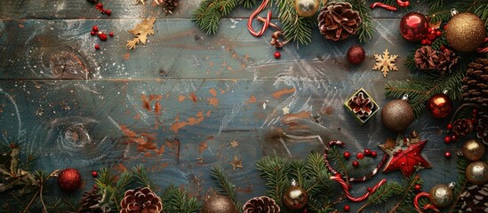 Poster - Top view of a Christmas themed still life on an aged wooden backdrop with vintage decorations like spruce branches and toys offering available space for text or other elements in a festive winter hol
