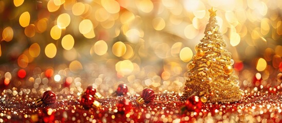 Poster - Glimmering Christmas tree decoration set against a stunning backdrop with ample copy space for postcards embodying the essence of festive decorations