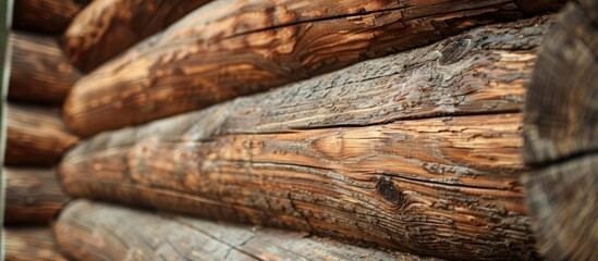 Close up of a natural colored horizontal wooden log cabin wall with a wood texture providing a rustic background with copy space image