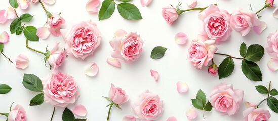 Fototapete - Top view flat lay of a festive pink English rose arrangement on a white surface for celebratory occasions Plenty of space for adding text or images. with copy space image