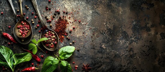 Aufkleber - A dark rustic background with spoons holding crushed red pepper and dried mint providing a contrast to the copy space image