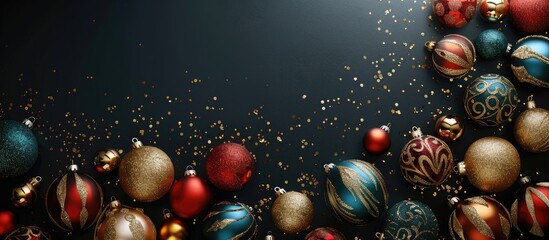 Poster - Dark background enhances the dramatic effect of Christmas ornaments arranged uniquely against negative space highlighting the holiday spirit Copy space image for a template