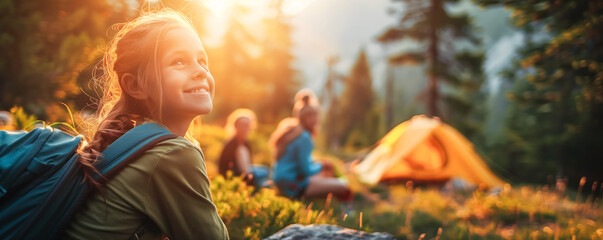 Wall Mural - Happy girl with backpack sitting on the nature. Family leisure, vacation and recreation concept.