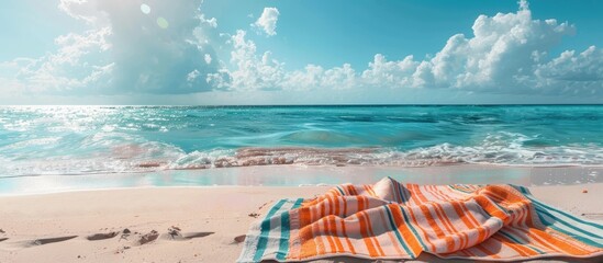 Aufkleber - Decorative towel with ample copy space image on a beach backdrop for summer vibes