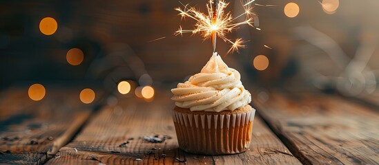 Poster - Wooden background with a cupcake topped with a sparkler Ideal for adding text with copy space image