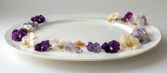 Fototapete - Pansy flowers adorn an empty white plate against a white background perfect as a copy space image for food styling or special party decor