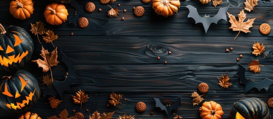 Poster - Top down view of Halloween themed frame featuring pumpkins paper bats and cookies on a dark wooden backdrop with space for adding images. with copy space image. Place for adding text or design