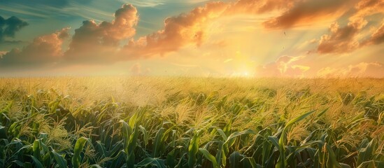 Poster - Maize plants swaying in a mesmerizing sunset sky in a cornfield landscape with ample copy space image