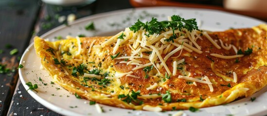 Aufkleber - Close up image of a gourmet omelet garnished with cheese on a white plate with copy space image