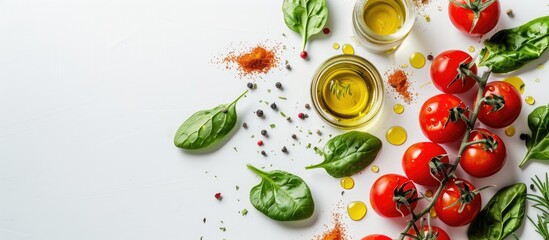 Fototapete - Tomatoes spinach and spices with olive oil on a white background with copy space image