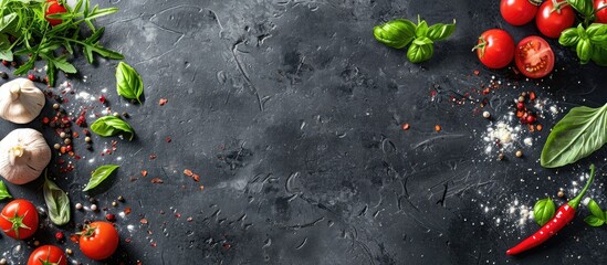 Poster - Background color enhances frame composed of pizza ingredients with copy space image