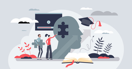 Wall Mural - Upskilling and employee job competence improvement tiny person concept. Educational development and skill growth with learning and coaching vector illustration. Study for work qualification rise.